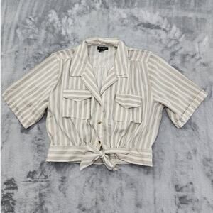 Style House Top Women XL Tan Cream Striped Short Sleeve Button Down Crop‎ Safari
